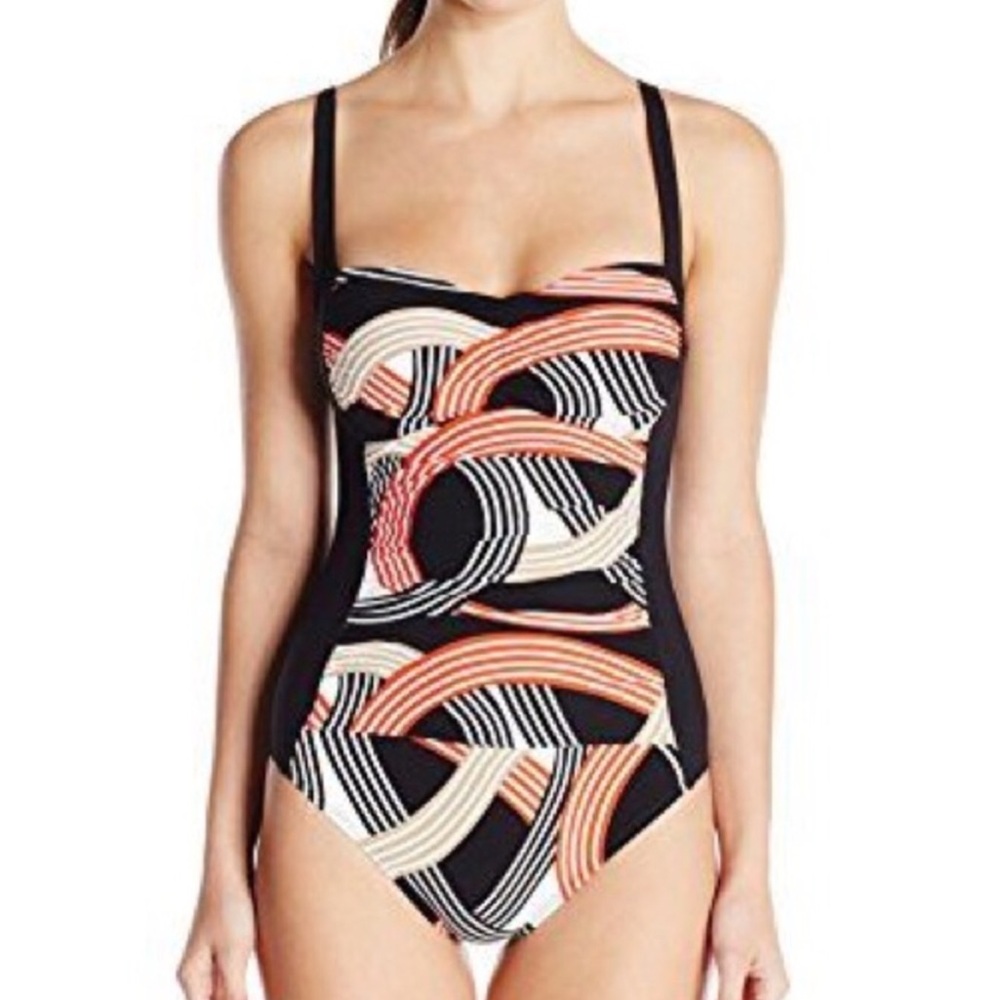 LA BLANCA Women Size 10 Black Multi Flattering Sweetheart Mio One Piece Swimsuit